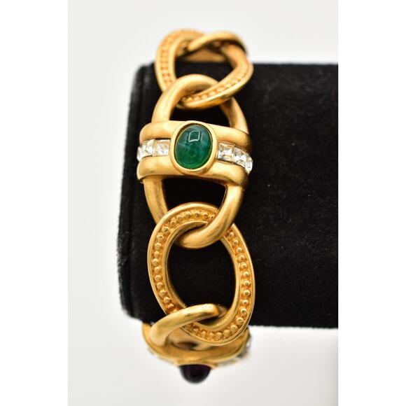 Givenchy Vintage Cabochon Bracelet Multi-Color Brushed Gold Crystal Signed BinAD - Picture 2 of 12